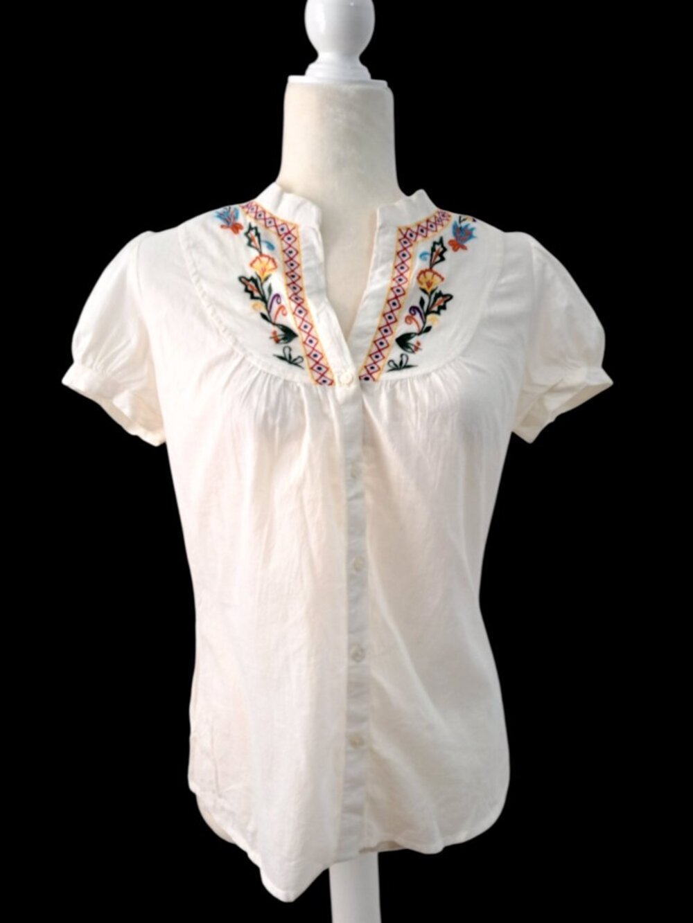 Twenty One Women's White Puffed Short Sleeve Peasant Boho Embroidered Top M